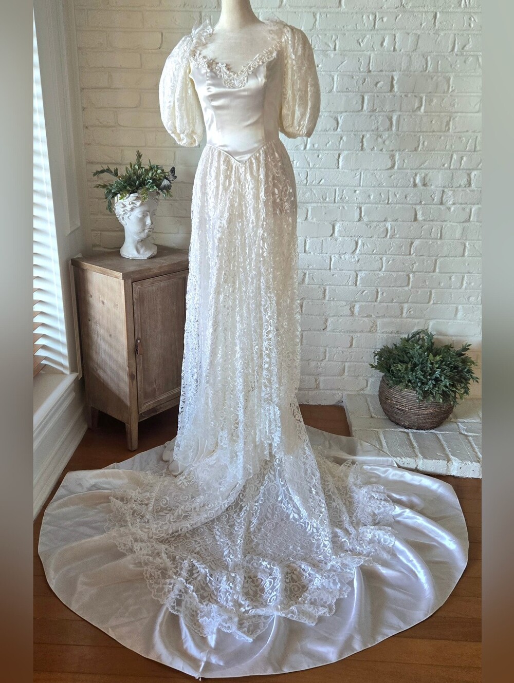 Vtg 80s Princess Diana Style Satin Lace Wedding Gown, XS, BUSTLE